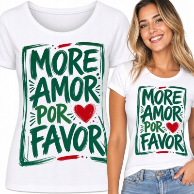 Koszulka damska z napisem „More Amor Por Favor” i sercem