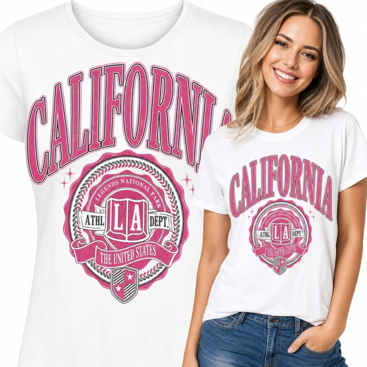 Koszulka damska „California” - różowo-szary motyw college varsity