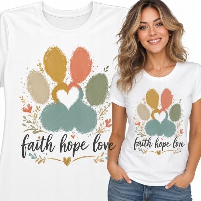Koszulka damska z akwarelową łapą i napisem „Faith hope love” - boho