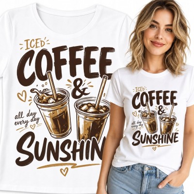 Koszulka damska z mrożoną kawą „Coffee &amp; Sunshine” - letni wzór retro