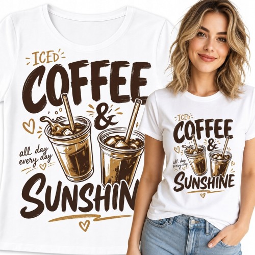 Koszulka damska z mrożoną kawą „Coffee &amp; Sunshine” - letni wzór retro