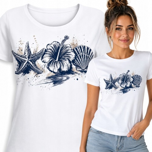 Koszulka damska z rozgwiazdą, hibiskusem i muszlą - motyw morza i plaży