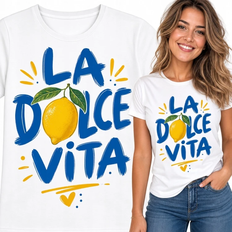 Koszulka damska z cytryną i odręcznym napisem „LA DOLCE VITA”