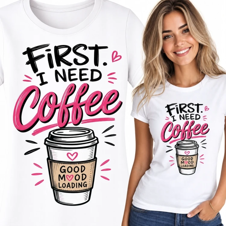 Koszulka damska z kawowym motywem „First. I Need Coffee” - dla miłośniczki kawy