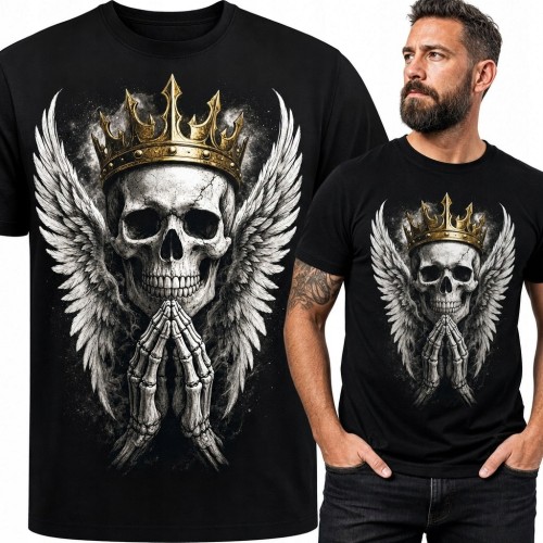 Koszulka męska z ukoronowaną czaszką i anielskimi skrzydłami - gotycki motyw dark fantasy