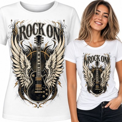 Koszulka damska z gitarą i skrzydłami oraz napisem „Rock On” - rockowy wzór vintage