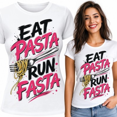 Koszulka damska dla biegaczki „Eat Pasta Run Fasta” - widelec ze spaghetti