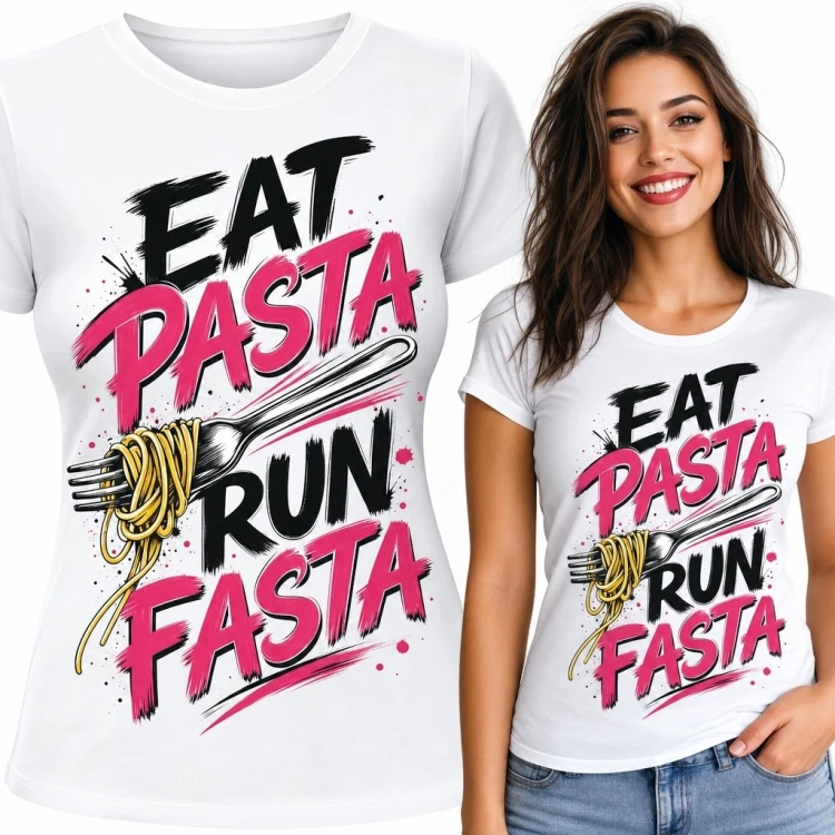 Koszulka damska dla biegaczki „Eat Pasta Run Fasta” - widelec ze spaghetti