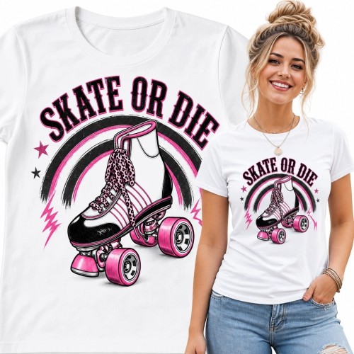 Koszulka damska z wrotkami retro „Skate or Die” - różowo-czarny nadruk