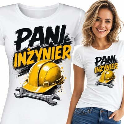 Koszulka damska dla inżynierki „Pani inżynier” - żółty kask i klucze płaskie