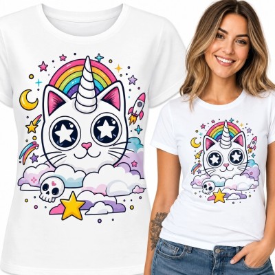 Koszulka damska z kotkiem-jednorożcem - tęcza i styl kawaii