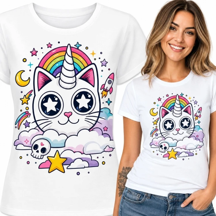 Koszulka damska z kotkiem-jednorożcem - tęcza i styl kawaii
