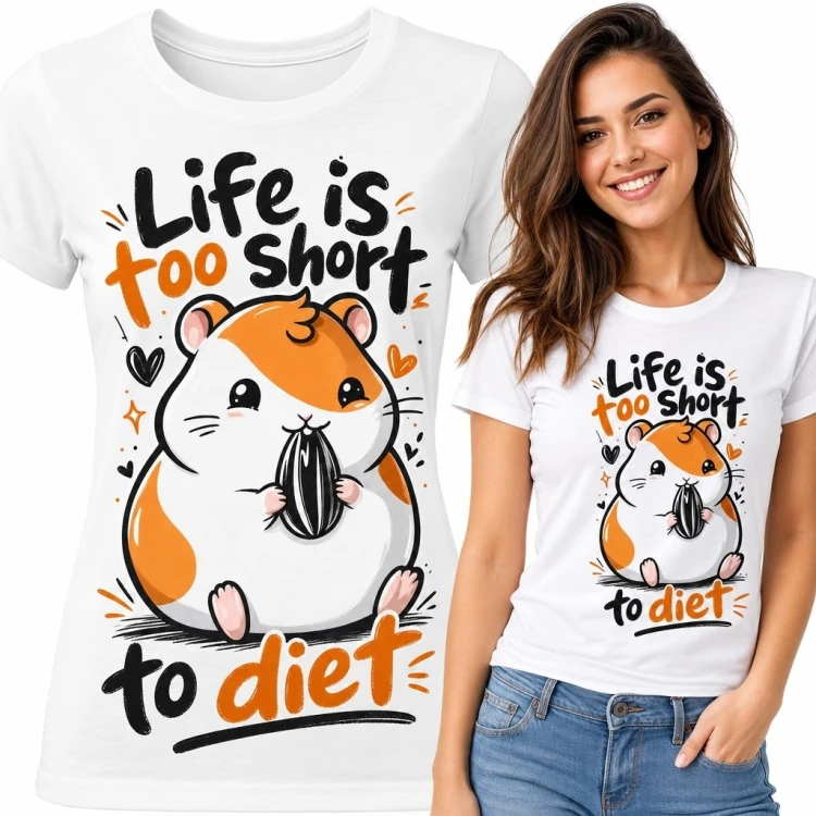 Koszulka damska z chomikiem i napisem „Life is too short to diet” - zabawny wzór