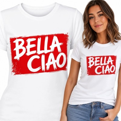 Koszulka damska z napisem „Bella Ciao” - biało-czerwony nadruk streetwear