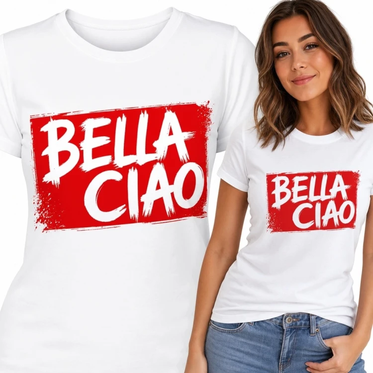 Koszulka damska z napisem „Bella Ciao” - biało-czerwony nadruk streetwear