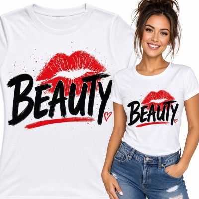 Koszulka damska z odciskiem ust i napisem „Beauty” - wyrazisty motyw beauty