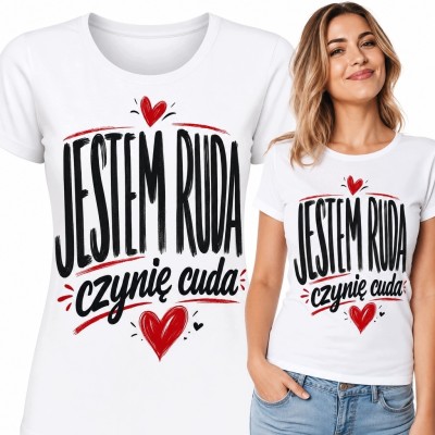 Koszulka damska dla rudej kobiety „Jestem ruda, czynię cuda” - czerwone serca