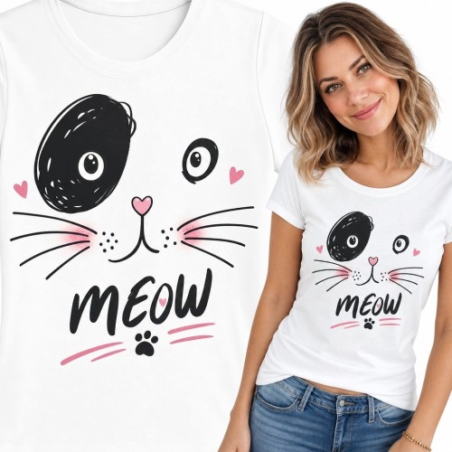 Koszulka damska z kocim pyszczkiem i napisem „Meow” - dla miłośniczki kotów