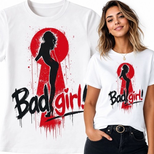 Koszulka damska z napisem „Bad girl!” - kobieca sylwetka w stylu graffiti
