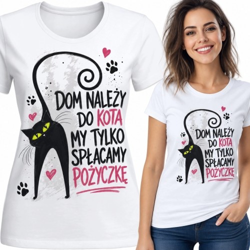 Koszulka damska z czarnym kotem - „Dom należy do kota, my tylko spłacamy pożyczkę”