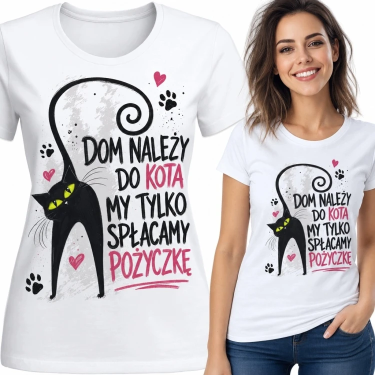 Koszulka damska z czarnym kotem - „Dom należy do kota, my tylko spłacamy pożyczkę”