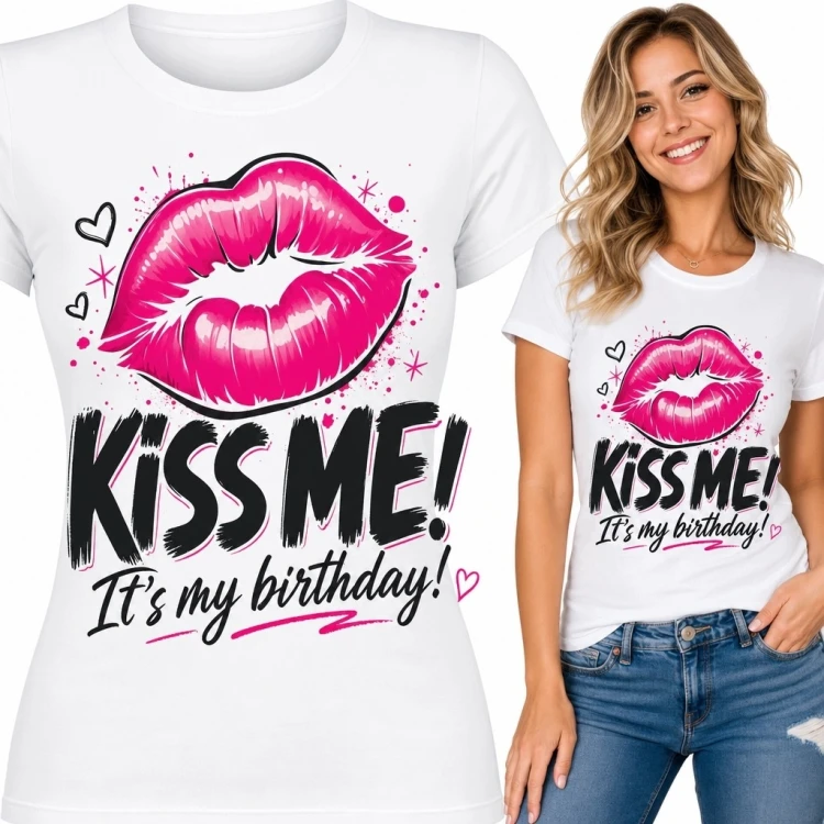 Koszulka damska na urodziny z różowymi ustami - „Kiss me! It's my birthday!”