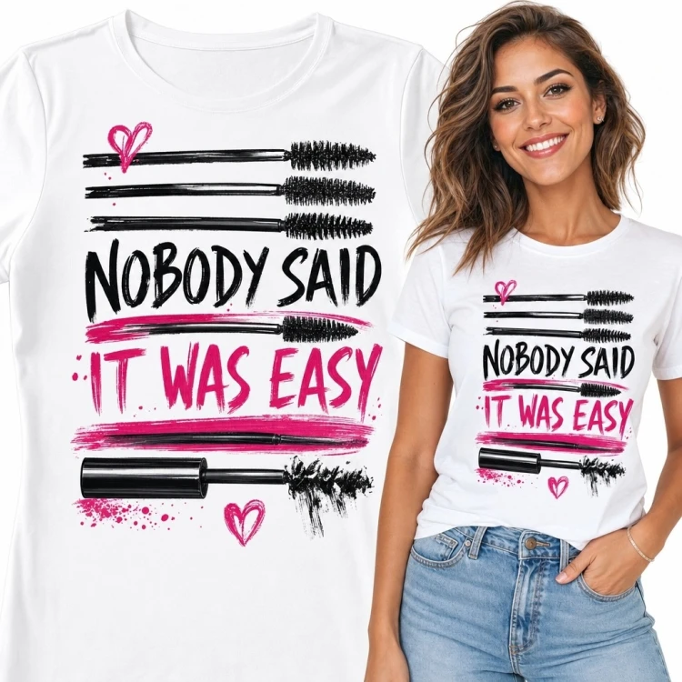 Biała koszulka damska „Nobody Said It Was Easy” - czarno-różowy motyw tuszu do rzęs