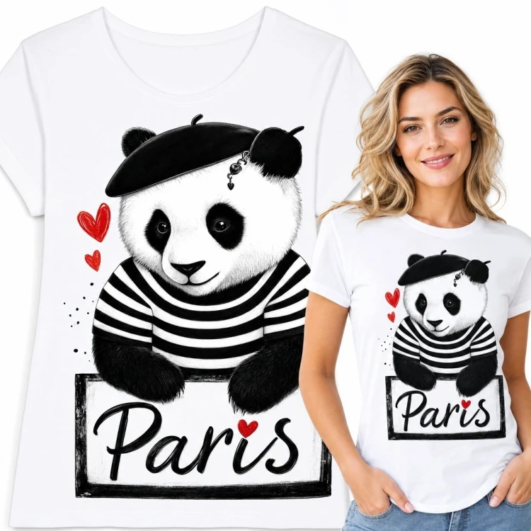 Koszulka damska z pandą w berecie „Paris” - paryski motyw