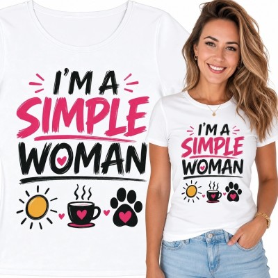 Koszulka damska „I’m a Simple Woman” - słońce, kawa i zwierzęca łapa
