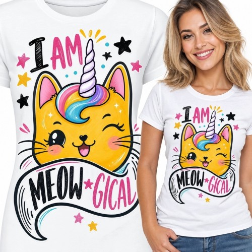 Koszulka damska z kotorożcem i napisem „I am meowgical” - kawaii