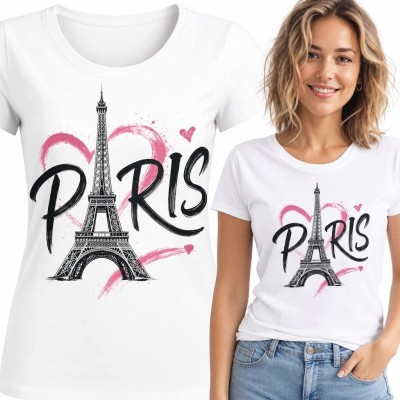 Koszulka damska z Wieżą Eiffla i napisem „Paris” - różowe serce