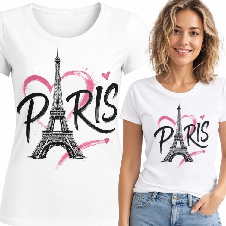 Koszulka damska z Wieżą Eiffla i napisem „Paris” - różowe serce