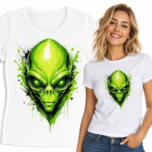 Koszulka damska z neonowozielonym kosmitą - mroczny motyw sci-fi