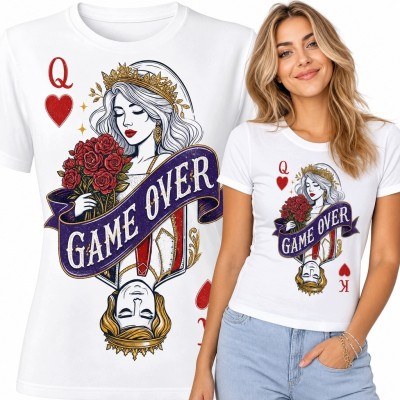 Koszulka damska z Królową Kier i różami „Game Over” - karciany wzór retro