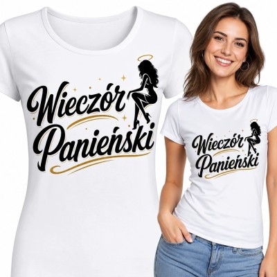 Koszulka damska „Wieczór panieński” - kobieca sylwetka i złote akcenty