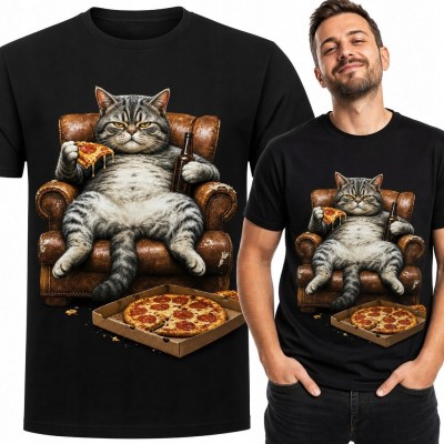 Koszulka męska z kotem jedzącym pizzę - zabawny nadruk