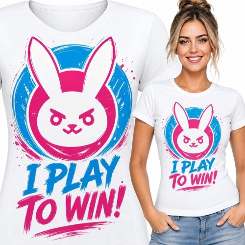 Koszulka damska gamingowa z królikiem „I play to win!” - dla graczki