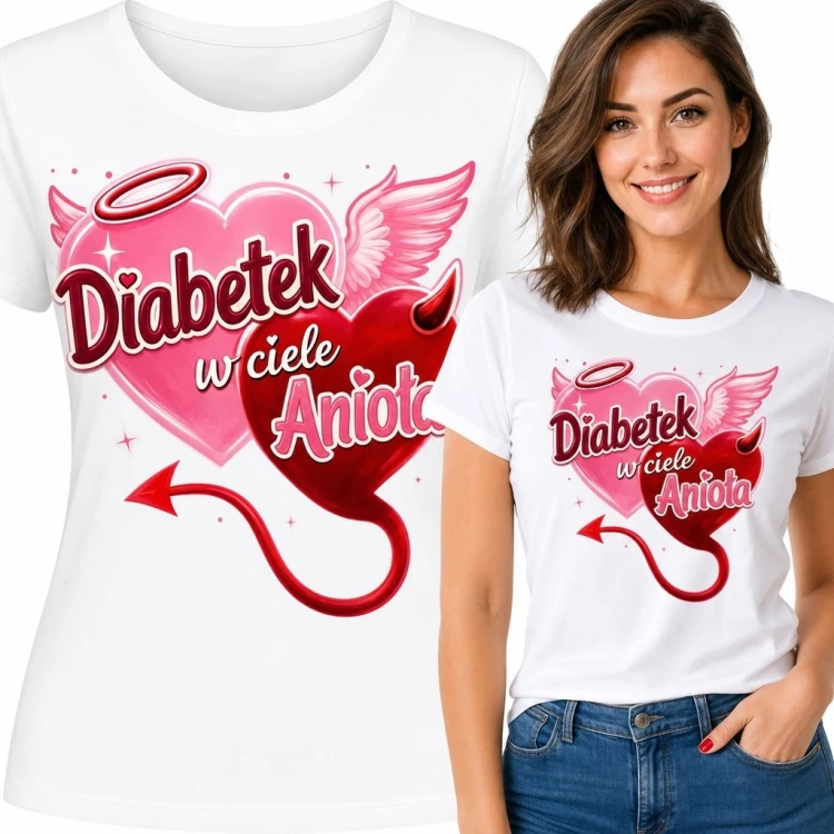 Koszulka damska z napisem „Diabełek w ciele Anioła” - anielskie i diabelskie serce