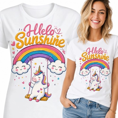 Koszulka damska „Hello Sunshine” z jednorożcem na huśtawce
