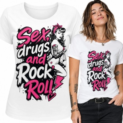 Koszulka damska z pin-up girl „Sex drugs and Rock Roll!” - rockowy nadruk