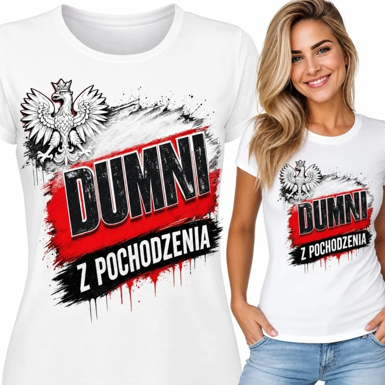 Koszulka damska patriotyczna z Orłem Białym „Dumni z pochodzenia” - biało-czerwona grafika