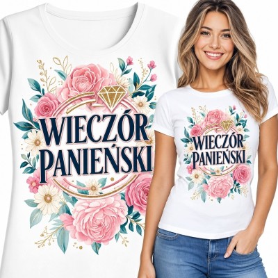 Koszulka damska „Wieczór panieński” - różowe kwiaty, obrączki i diament