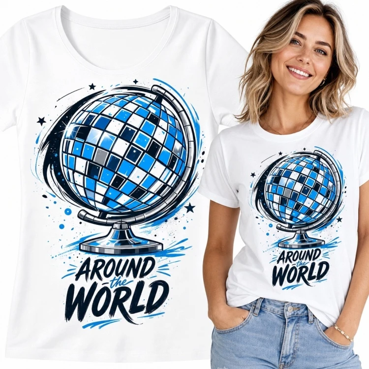 Koszulka damska z globusem „Around the World” - podróżniczy wzór