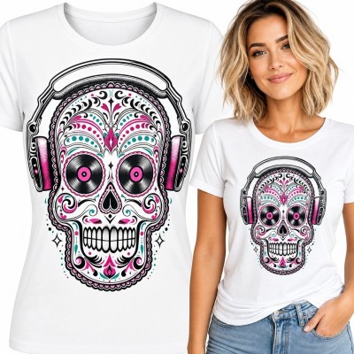 Koszulka damska z czaszką sugar skull w słuchawkach - winylowe oczy