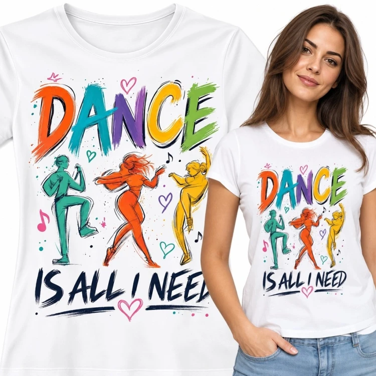 Koszulka damska z tanecznym nadrukiem „Dance Is All I Need” - kolorowe sylwetki tancerzy