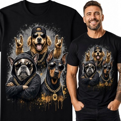 Koszulka męska z psami w stylu hip-hop - golden retriever, buldog i doberman