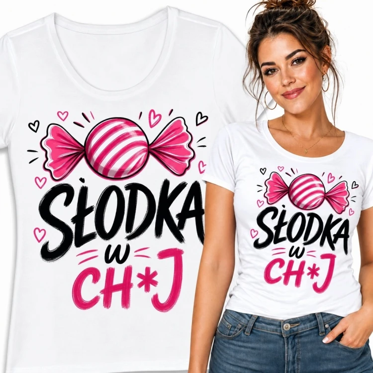 Koszulka damska z różowym cukierkiem „Słodka w ch*j” - zadziorny humor