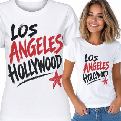 Koszulka damska z napisem „Los Angeles Hollywood” - miejski czarno-czerwony motyw