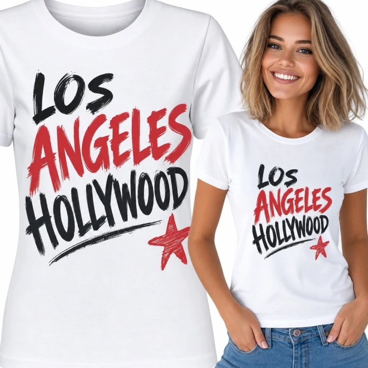 Koszulka damska z napisem „Los Angeles Hollywood” - miejski czarno-czerwony motyw