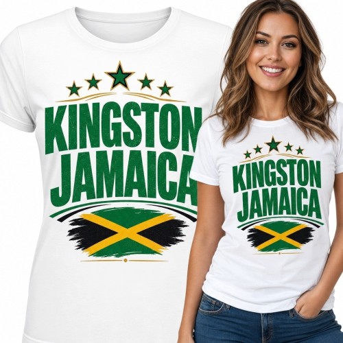 Koszulka damska z flagą Jamajki „Kingston Jamaica” - podróżniczy motyw retro